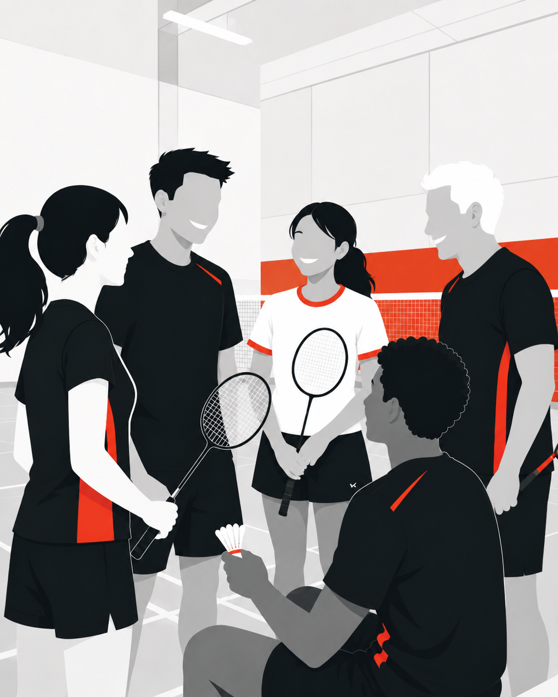 Meadowvale members talking together on court, racquets and shuttle in hand