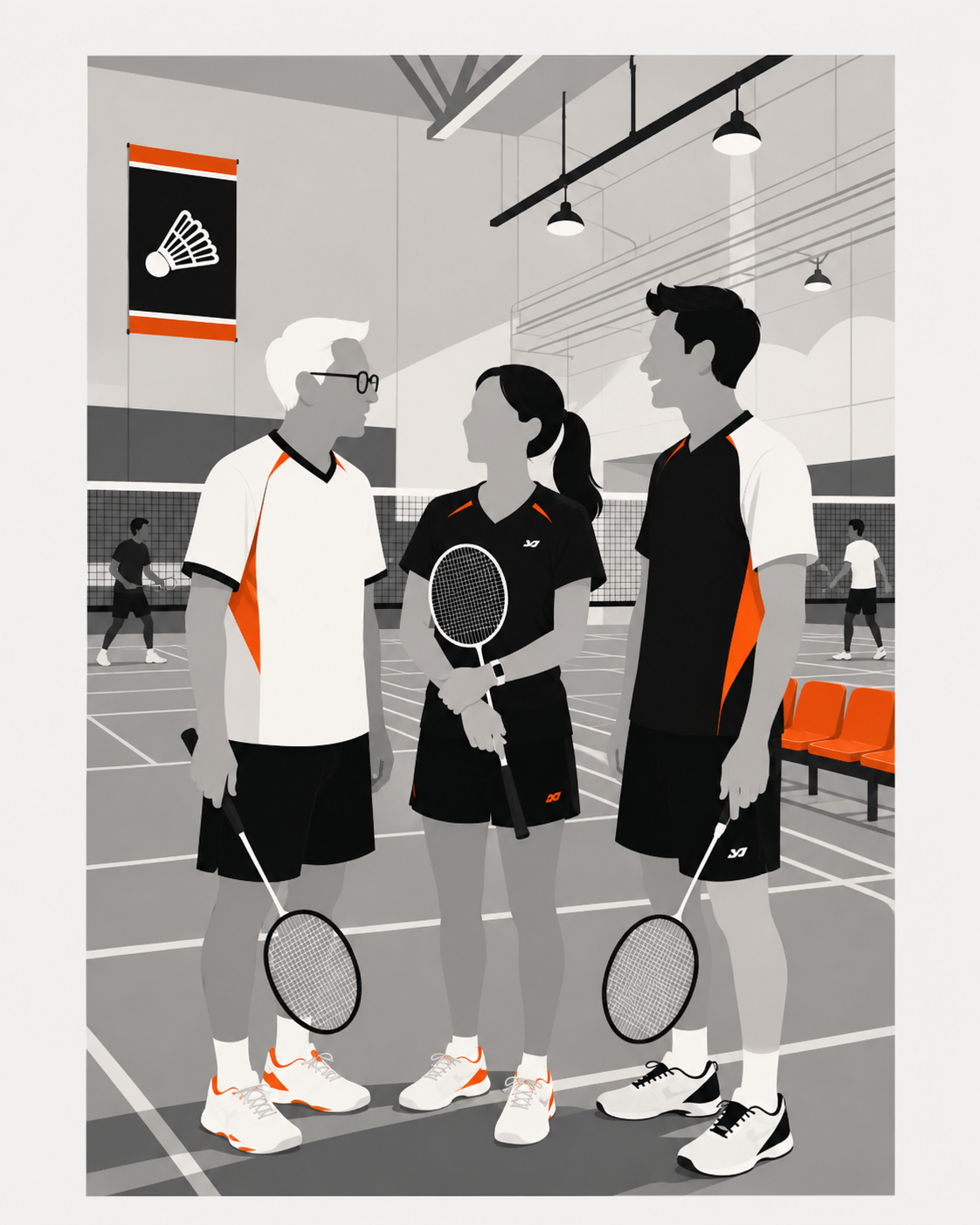 Three Meadowvale members in conversation beside the net, club night in progress behind them